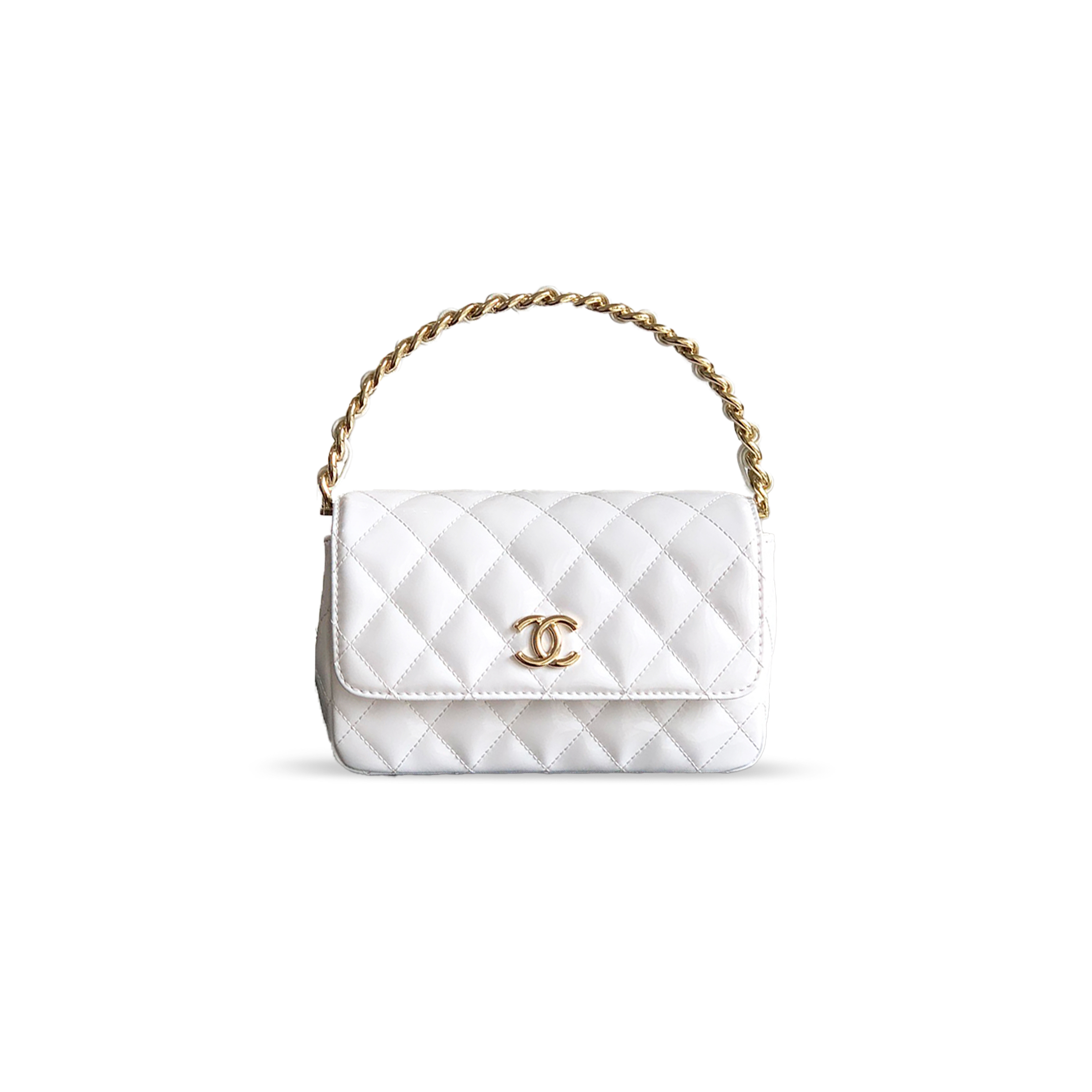 CHANEL HANDLE FLAP BAG PATENT CALFSKIN & GOLD METAL WHITE 496584 (18.5*10.5*8cm)